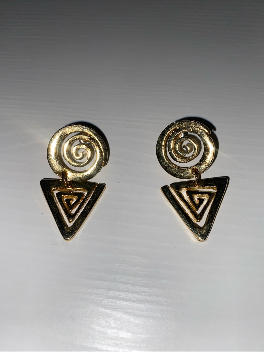 Gold Tone Spiral & Triangle Drop Earrings